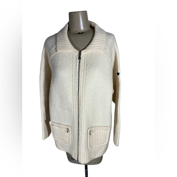 Liz Wear Cream Wool Full Zip Sweater Jacket Star Patch Sleeve - Picture 1 of 5